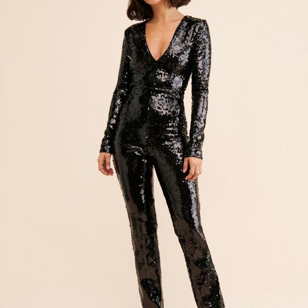 Black sequin jumpsuit with long sleeves